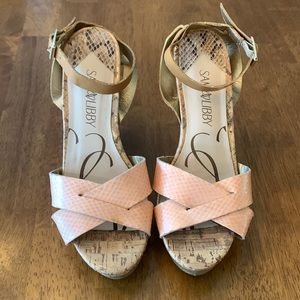 SAM & LIBBY faux snakeskin peach and tan wedge sandals